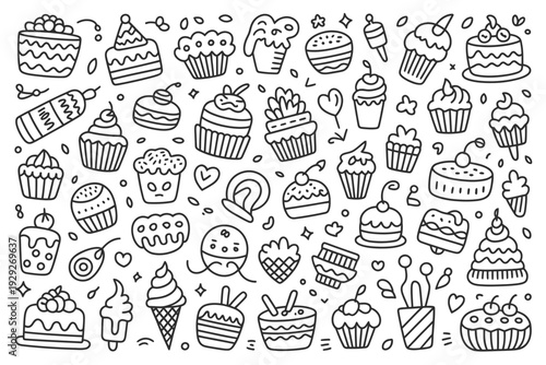 A doodle illustration of various sweet treats and desserts on a white background