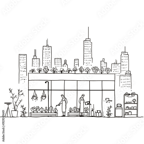Sustainable Rooftop Greenhouse in Urban Skyline