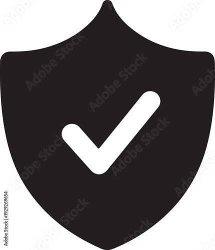 A black shield with a white check mark indicating security and verification. isolated on white background, illustration
