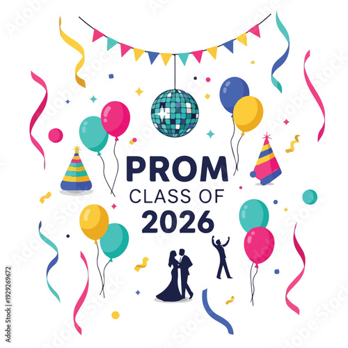 A vibrant prom design with balloons, confetti, streamers, and dancers