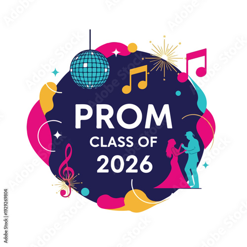 A vibrant prom design with music notes, dancing couple, and disco ball