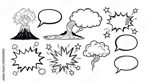 Comic book art elements set: Captivating collection of comic book-style art elements: speech bubbles, stars, explosion, volcanic eruption, and more. Ideal for creating eye-catching designs.