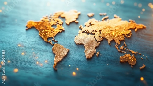 Glowing golden world map continents resting on blue textured stone surface, luxury global background, international business and geopolitics concept with dramatic