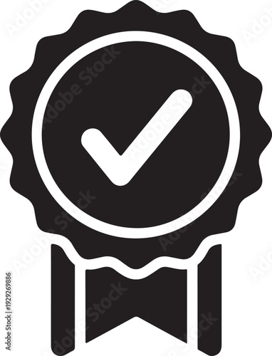 A black and white seal of approval with a checkmark in the center isolated on white background, illustration