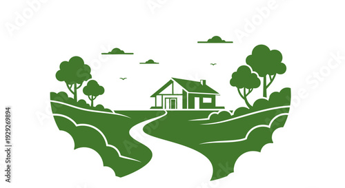 Green House Illustration with Trees and Hills.