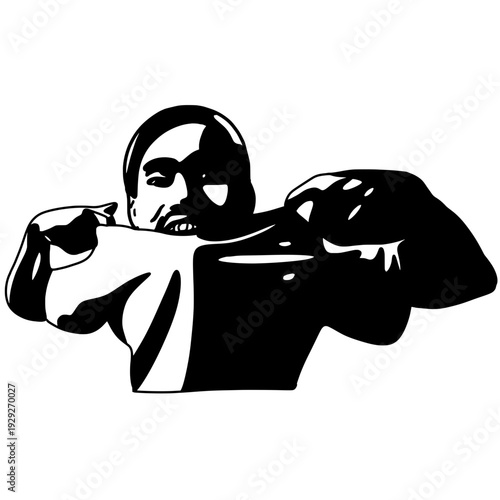 Illustration of a bald man biting his shirt with a confident, edgy style. Bold contrast shapes highlight his muscular pose, creating a modern graphic look full of attitude and strength.
