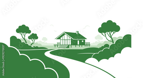 Green House Illustration with Trees and Pathway.