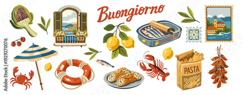 Mediterranean italian summer vector set with sardines can, lemon branch, pasta, lobster, crab, beach umbrella and coastal window. Vintage travel illustration collection in retro poster  for tourism