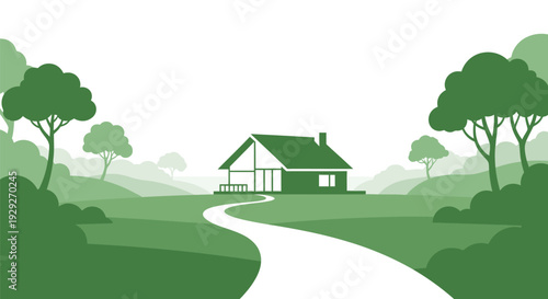 Green House with Pathway and Trees.