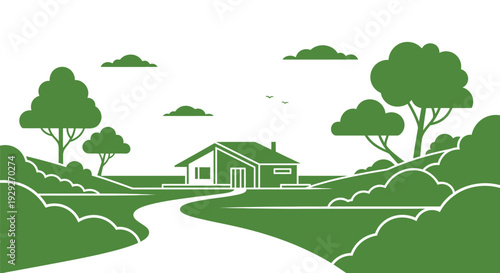 Green House with Trees and Pathway.