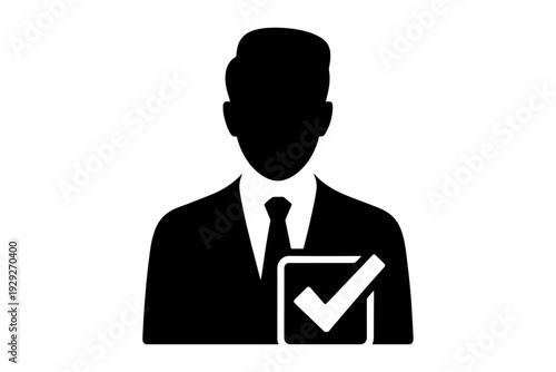 silhouette icon of a person with a checkmark signifying successful candidate, hiring and approval