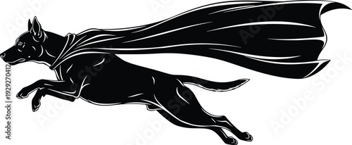 Black silhouette of a powerful super dog wearing a flowing cape jumping in mid-air isolated on white background for heroic concept.