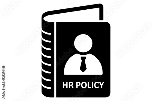 HR policy book symbol for employee manual, company guidelines and legal regulations in black and white silhouette 