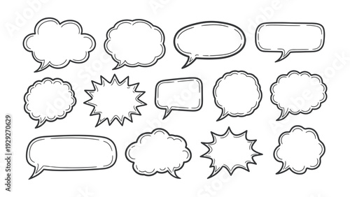Variety of thoughts illustration: A collection of various comic style speech bubbles in diverse shapes and sizes, perfect for expressing thoughts, ideas, and messages.