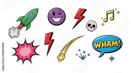Cartoon Comic Elements: A vibrant collection of comic book elements, bursting with energy and creativity. A rocket blasts off, a wink-smile and WHAM! speech bubble create visual impact.