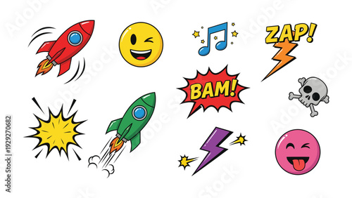 Comic Book Element Set: A dynamic collection of vibrant comic book elements, from expressive emoji to speeding rockets and explosive sound effects, ready to inject energy and fun into any project. 