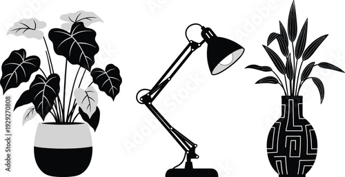 Black and white minimalist vector illustration set featuring potted houseplants, adjustable desk lamp, and decorative floral vase for home office decor.