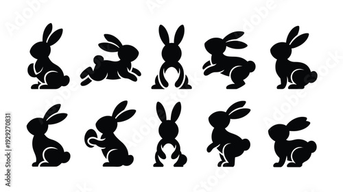 Easter bunny silhouettes in various yoga poses on white background black vector graphics for easter or spring themed designs and decorations