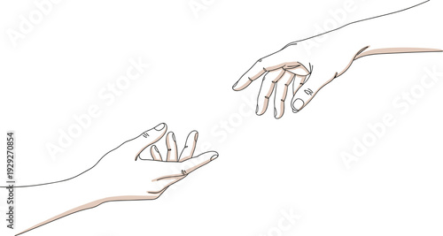 Minimalist continuous line art drawing of two reaching hands seeking connection, representing support, partnership, assistance, empathy, and the creation of life.