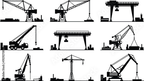 Industrial Construction Crane Silhouettes Featuring Heavy Duty Tower Cranes Gantry Systems and Mobile Hydraulic Machines for Engineering Building Site and Logistics Port Cargo Design Projects