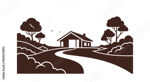 House Silhouette with Trees and Road.