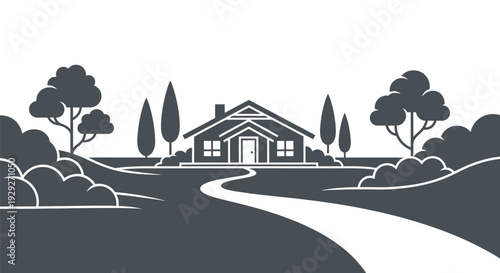 House with Pathway and Trees Illustration.