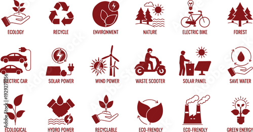 Eco-friendly icons representing sustainable living and renewable energy sources in a modern digital illustration style