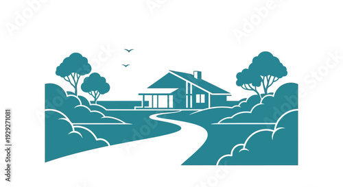 House with Trees and Pathway Illustration.