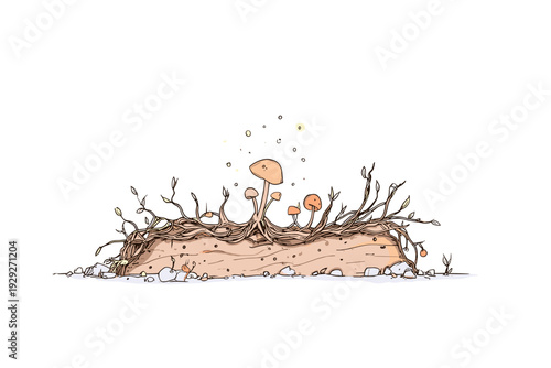 Underground Mycelium Network Connecting Forest Mushrooms