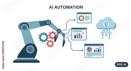 Advanced robotic arm with integrated gears performing complex automation tasks connecting to cloud based data analytics dashboards displaying charts and graphs