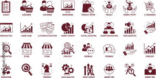 Collection of modern business icons representing various concepts and ideas related to finance, marketing, and productivity in a monochromatic red color scheme