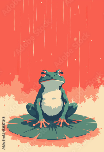 Frog sitting lily pad rain, meditating its eyes closed profound, serious manga aura Raindrops drawn as sharp needles Flat geometric water ripples Red cream palette Space copy