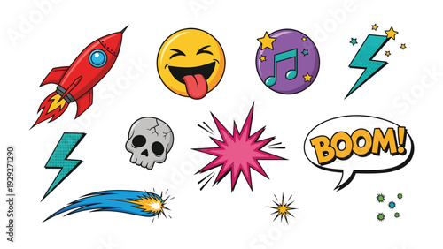 Pop art elements: a collection of vibrant pop art elements on a pure background, including a rocket, emoji, music note, lightning bolt, skull, explosion, comet, star and speech bubble.
