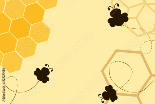 Minimalist graphic layout featuring black honeybee silhouettes traveling along dotted flight paths. Solid yellow honeycomb clusters, large hexagonal frames, set against a warm, soft yellow background.