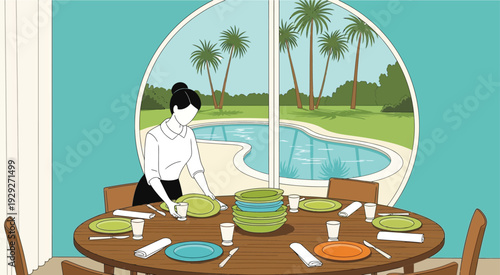 Woman setting breakfast table on patio near swimming pool and palm trees