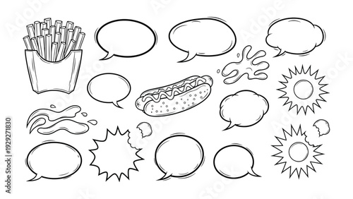 Doodle Delights: A whimsical arrangement of hand-drawn illustrations featuring a tasty hot dog, crispy french fries, speech bubbles, and bursts, perfect for playful design and creative projects.