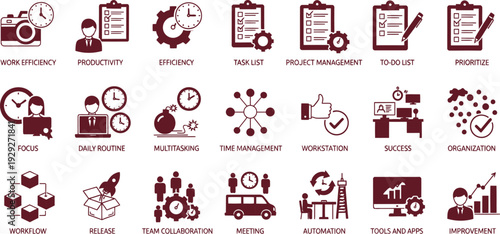 Business icons representing various concepts like project management and teamwork displayed on a white background with simple graphics and text labels.