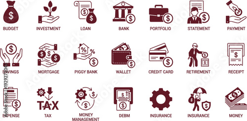 Collection of modern financial icons representing banking, investment, and monetary transactions in a grid layout from a straightforward viewpoint