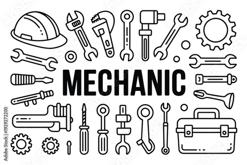 A mechanic icon set with various tools and equipment illustration