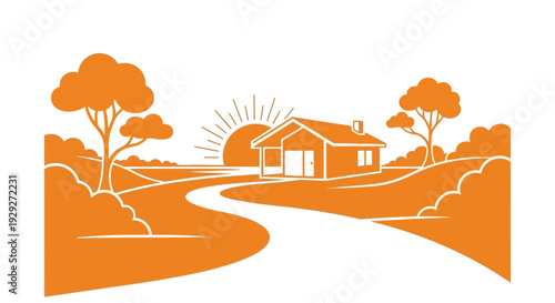 Illustration of House with Road and Trees.
