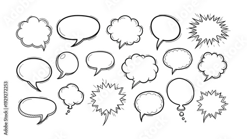 Dialogue Bubbles Collection: A collection of various hand-drawn speech bubbles, perfect for comics or conveying messages. These artistic illustrations have an informal style. 