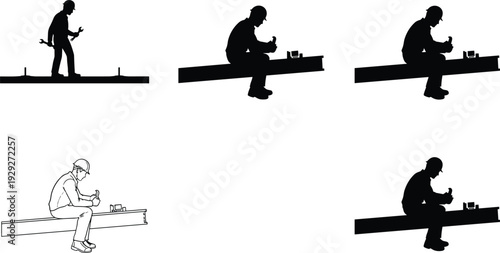 Industrial Construction Worker Silhouette Collection Featuring Laborers in Hard Hats Sitting on Steel Beams with Tools for Building Site Engineering and Professional Work Development Projects