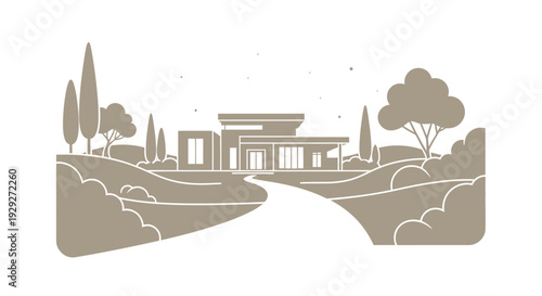Illustration of House with Surrounding Landscape.