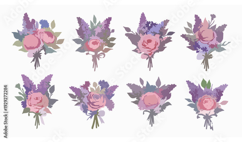 Watercolor Pink Purple and Blue Floral Bouquet Set with Botanical Wedding Elements Isolated on White