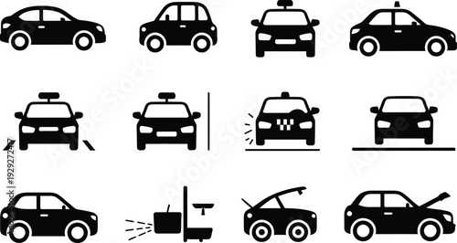 Black taxi cabs vector set with various angles and conditions including damaged and flat tire for urban transport illustration