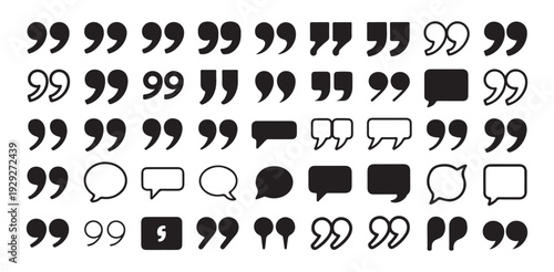 Collection of quote marks and speech bubble icons with various shapes and styles