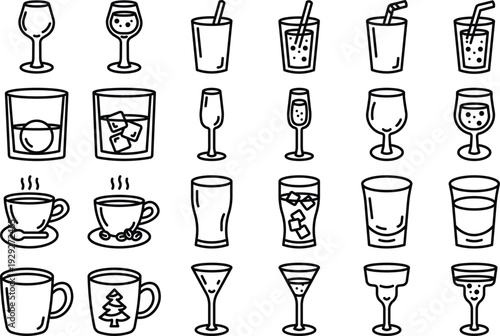 Glass of drink icons set outline icons