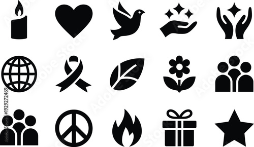 Black Icon Set: Peace, Love, and Charity Symbols on White Background
