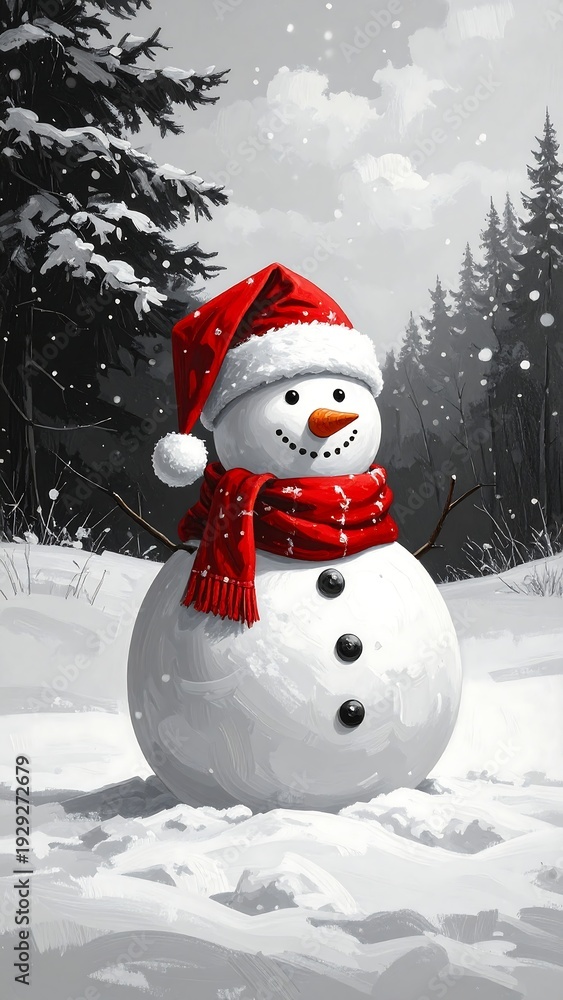Obraz premium A snowman in a snowy forest with a red hat