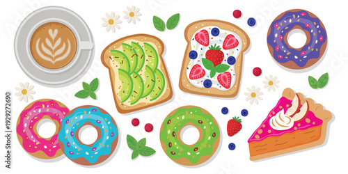 Breakfast and Brunch Food Collection: Avocado Toast, Donuts, Coffee and Berry Pie. Top view illustration featuring cappuccino cup, healthy avocado toast, sweet strawberry toast, glazed doughnuts